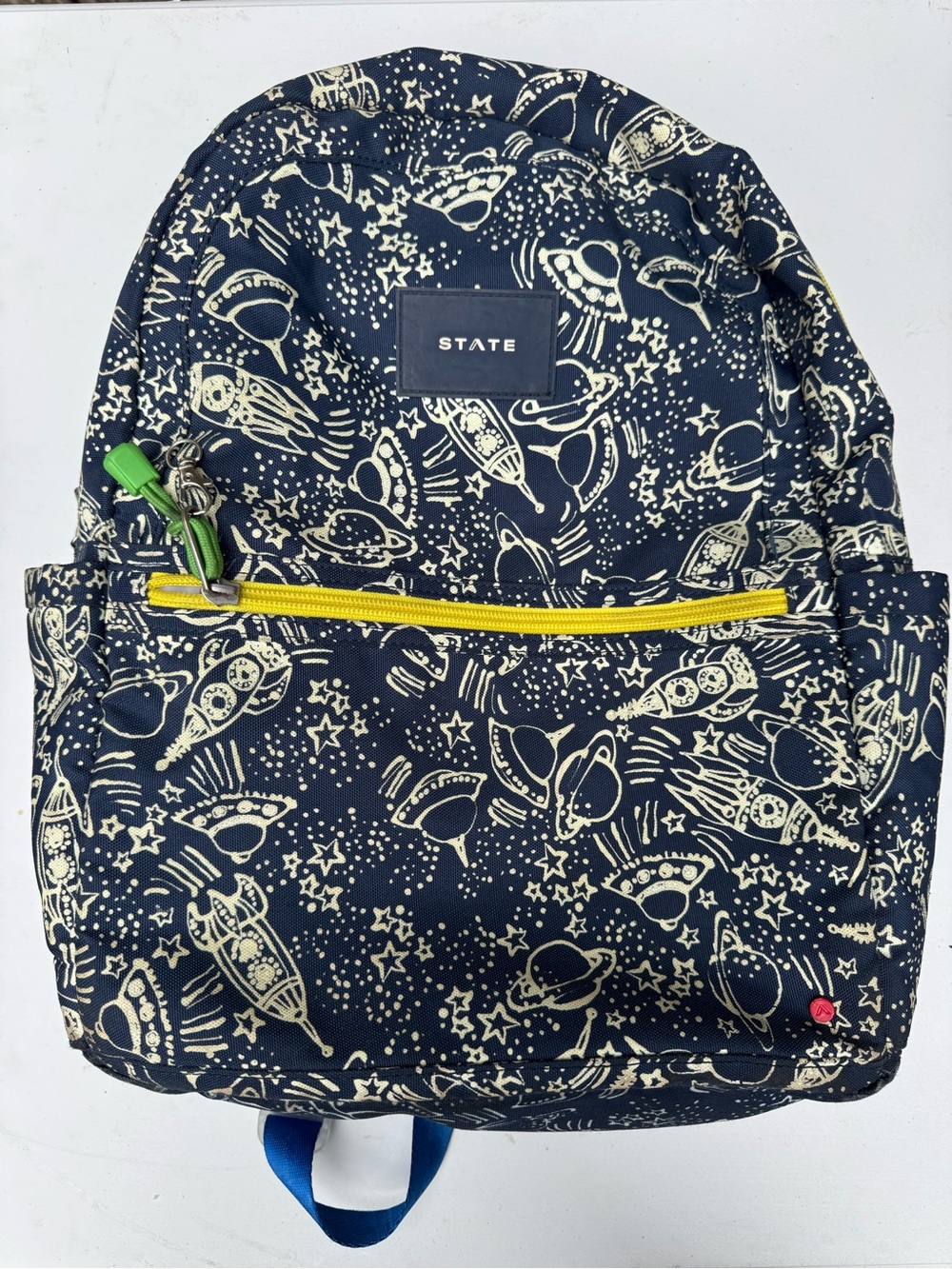 STATE Navy Space-Print Backpack with Yellow Zipper and Green Pull